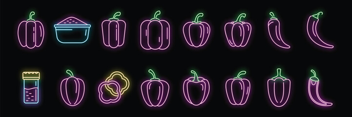 Paprica icons set outline vector. Capsicum bell. Chilli vegetable neon color on black