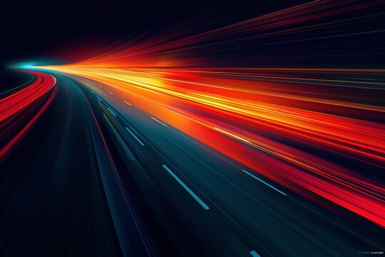 A dynamic abstract design featuring a dark background with a subtle gradient of red, orange, green, and blue creates a sense of motion and underscores concepts of quality and innovation.