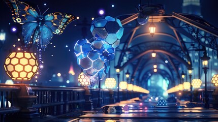 Nighttime city bridge with glowing liquids, hexagonal lamp designs, and a cityscape compass.