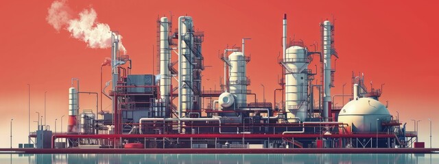 Create a sleek and modern oil refinery illustration perfect for professional presentations with a minimalist touch.