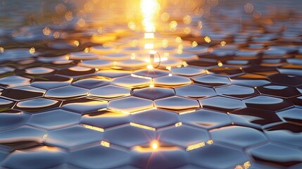 Obraz premium Lakeside ripples from floating liquids reflecting the sun on a hexagon-patterned surface.