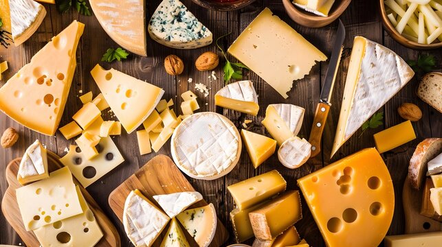 different types of cheese on a table. cheddar, roquefor, brie, feta, mozzarela, parmesan. - Powered by Adobe