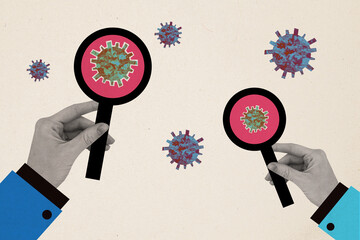 Composite collage image of hands hold magnifier loupe search bacteria virus vaccination fantasy...