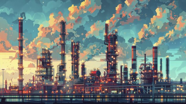 Explore intricate vector illustrations depicting oil refinery structures for insightful technology articles on industrial processes.