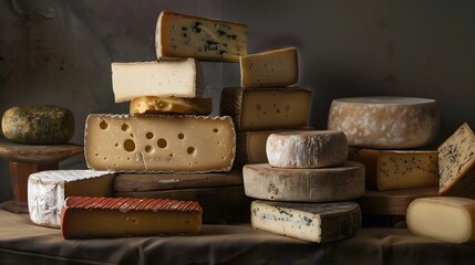 different types of cheese on a table. cheddar, roquefor, brie, feta, mozzarela, parmesan.
