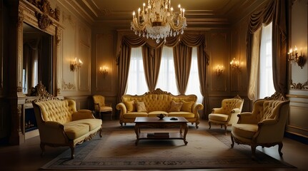 luxurious gold interior. luxury rich sitting room interior with antique.generative.ai