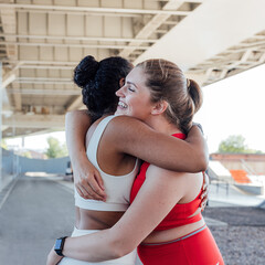 Two plus-size females in sportswear hugging each other after a workout. Smiling female in red sportswear embracing with her friend during training outdoors.