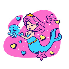 Mermaid themed vector design with bright colors suitable for printing on clothes or on children's swimming boards