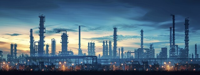 Naklejka premium Capture the stark beauty of an oil refinery's silhouette against the sky for a compelling industrial tech campaign.