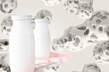 Probiotic yogurt. Fermented milk products in bottles. Probiotic molecules. White jars for healthy...