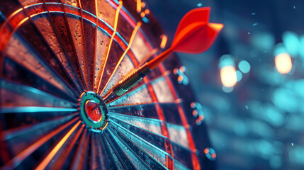 Close-up of a dart in the bullseye of a dartboard, illuminated by ambient lighting.