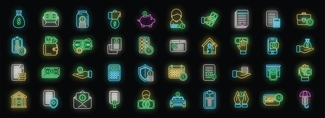 Compensation icons set outline vector. Pension money. Fund bank neon color on black