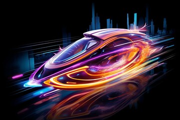 Illustration of a high speed boat or ship sailing through sea water near harbor city at night with the neon light of speedy movement. Generative AI.