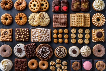 A variety of cookies and pastries are displayed on a black surface. The assortment includes donuts, waffles, and other sweet treats. Concept of indulgence and abundance
