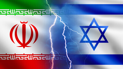 Iran vs Israel. Lightning between state flags. Cloudy skies are metaphor for deteriorating...