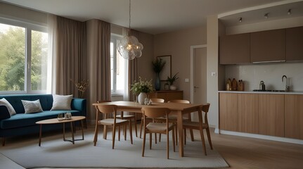 Fototapeta premium Light eating room interior with table and seats, stand and mockup frame.generative.ai