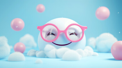 Cheerful animated character with large pink glasses and a wide smile surrounded by clouds and floating pink spheres.