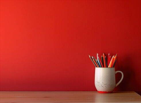 A pencil holder sits on a khaki desk in a workspace filled with office supplies, set against a red wall backdrop.