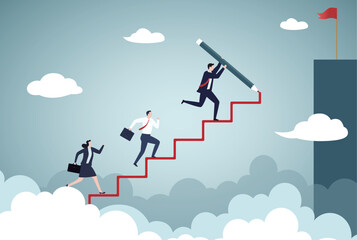 Leader to guide team to achieve goal.Manager to develop career path or improvement plan, growth or progress concept, businessman leader draw stair with pencil to lead team walk up to target.