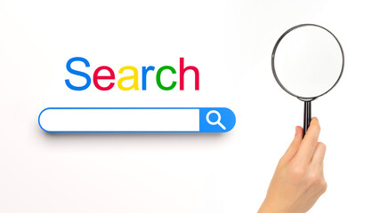 Search on internet. Magnifying glass in hand. String for search query. Question form in browser. Search multicolored logo. Online surfing. Searching for information on internet. Internet technologies