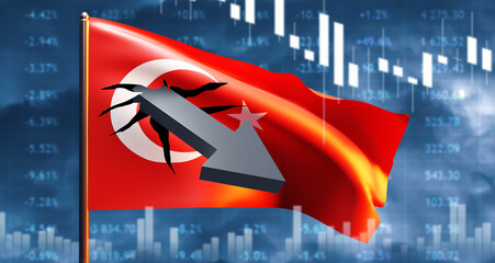 Crisis in turkey. Crisis chart breaks national flag. Turkey flag with crack. Quotes show that recession is approaching. Inflationary crisis. Financial problems in turkey. 3d image.