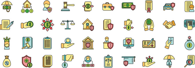 Liability icons set outline vector. Longevity annuity. Bill agreement thin line color flat on white