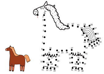 Dot to dot game for kids. Connect the dots and draw a cute horse. Farm animal puzzle activity page. Vector illustration