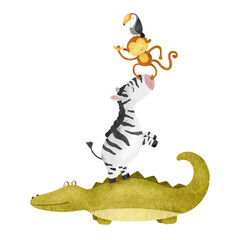 African jungles animals stand on top of each other crocodile, zebra, toucan and monkey. Funny kid's isolated hand drawn watercolor illustration. For cards, baby shower, posters, kid's goods and rooms © Fedulova_art