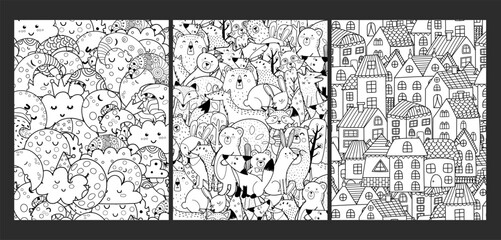 Doodle coloring pages bundle. Adorable templates set for coloring book in US Letter format with cute foxes, good night characters and houses. Vector illustration