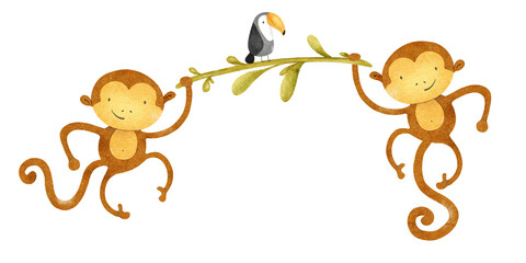 Cute monkeys hanging on Liana, toucan. Funny kid's isolated hand drawn watercolor illustration. A design for children's invitation cards, baby shower, decoration of kid's rooms