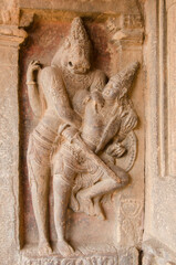 Lord Narasimha killing the evil. Indian rock-cut architecture of the 7th century, Pattadakal, Karnataka, India.