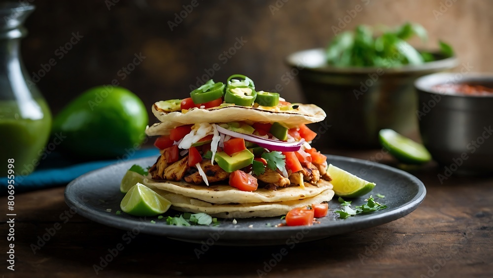 Wall mural traditional mexican chicken tostadas offering a burst of authentic mexican flavors on plate over a r - Wall murals