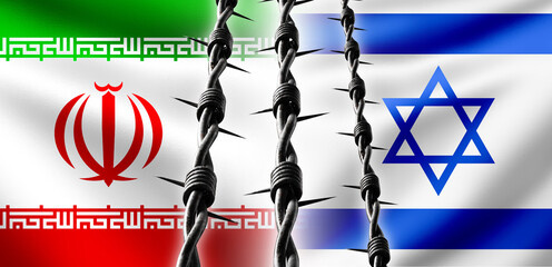 Flags of Iran and Israel. Barbed wire metaphors for relationship problems. Confrontation with...