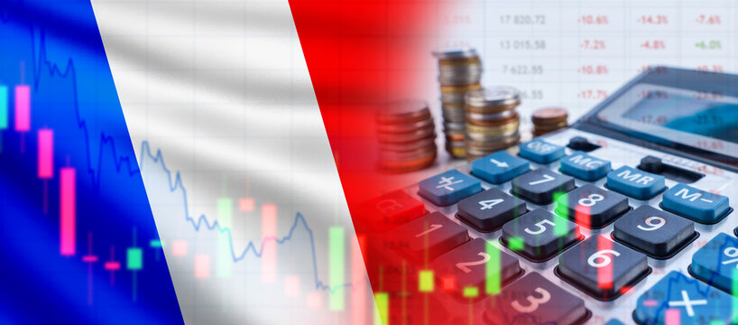 Economy of France. Inflationary crisis. Coins near calculator. Crisis financial chart. France flag. Collapse of french economy. Price inflation due to recession. Decline in french GDP growth. - Powered by Adobe