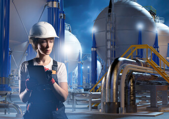 Industrialist woman. Girl on territory of manufactory. Engineer near night factory. Industrial high pressure tanks. Chemical factory. Woman industrial engineer. Factory for storing cryogenic liquids