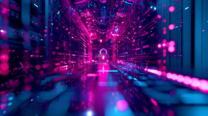 Futuristic digital corridor with neon lights and a glowing padlock symbol at the end, symbolizing cybersecurity.