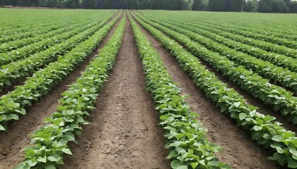 Fototapeta na wymiar Rows of neatly planted soybean plants in a rural f