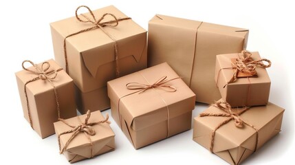 assorted brown kraft paper wrapped gift boxes on white background cut out