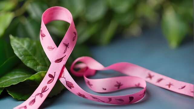 cancer awareness ribbon against a background of decorative leaves