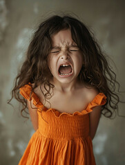 A young girl in an orange dress is crying