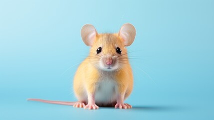 A vibrant yellow mouse with black eyes and pink ears sits on a smooth blue surface