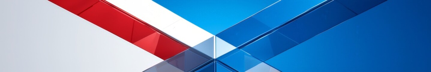 Geometric three-color pattern, intersecting stripes and lines. Red, blue, white colors. Ultra wide