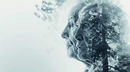 abstract white background website header banner old man and woman, memory camputer test, brain, warm and happy hopefully