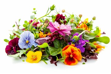 Edible flower salad photo on white isolated background
