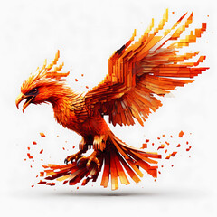 8-bit pixel fire phoenix on white background