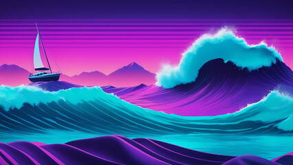 A boat floating on a wave in the ocean. Neon wave, retro 80s