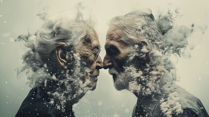 abstract white background website header banner old man and woman, memory camputer test, brain, warm and happy hopefully 