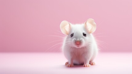 A small white rat perched elegantly on a pink surface, showcasing grace and innocence