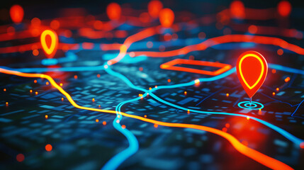 Digital illustration of a vibrant, detailed city map with glowing location pins and connecting lines.