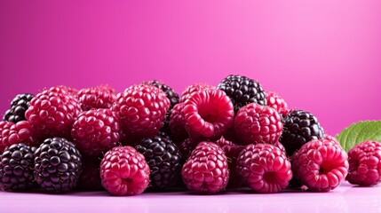 A vibrant pile of raspberries with leaves arranged elegantly on a soft pink background